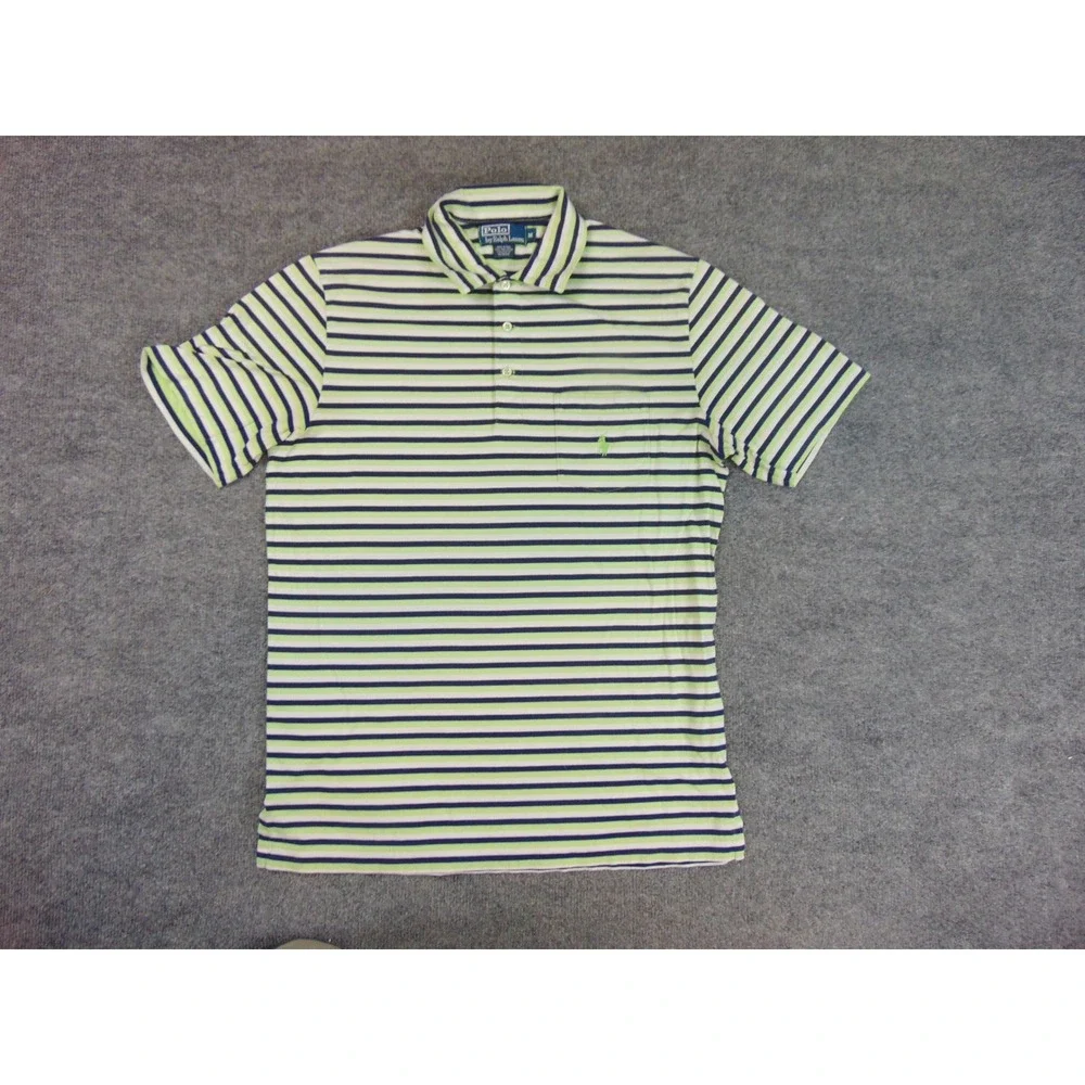 Polo Ralph Lauren Shirt Mens Med Lime‎ Green Blue Striped Cotton Polo Pocket
